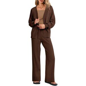 Womens 2 Piece Sweater Set Oversized Tie Front Cardigan Elastic Pants Lounge